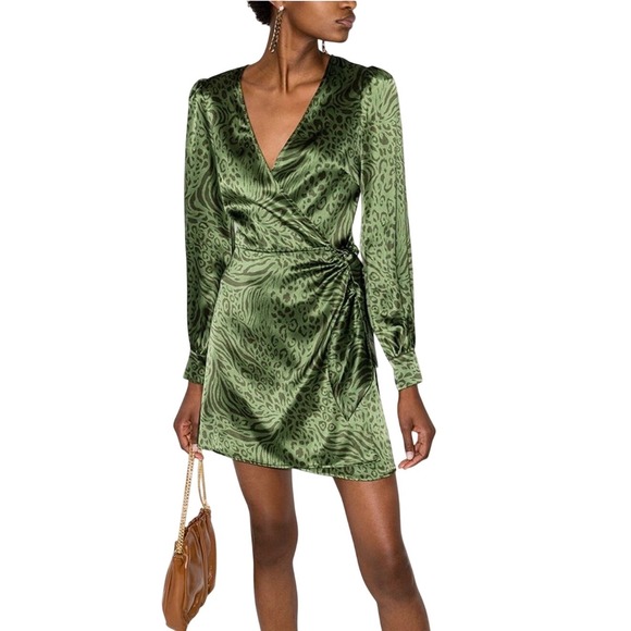 Reformation Kenna Green Silk Leopard Wrap Mini Dress M Long Sleeve Party EUC - Picture 4 of 8